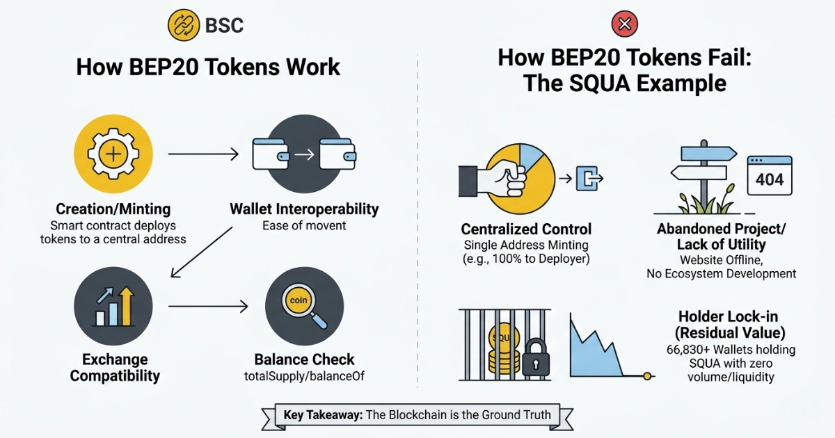 How BEP20 tokens work vs. how they fail — the SQUA example: centralized control, abandoned project, and holder lock-in with 66,830 wallets