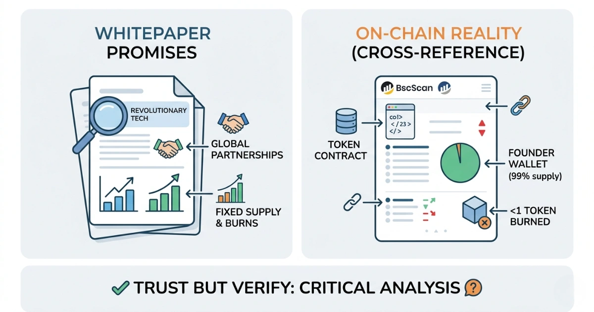Whitepaper promises vs on-chain reality — global partnerships, fixed supply and burns vs. BscScan showing founder wallet with 99% supply and less than 1 token burned